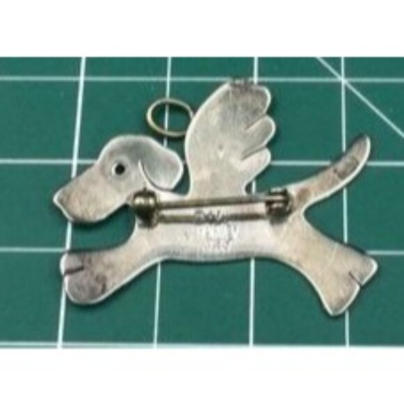 Anne Jane Harvey Flying Dog Sterling Silver Brooch Pendant with Angel Wings - Picture 2 of 3